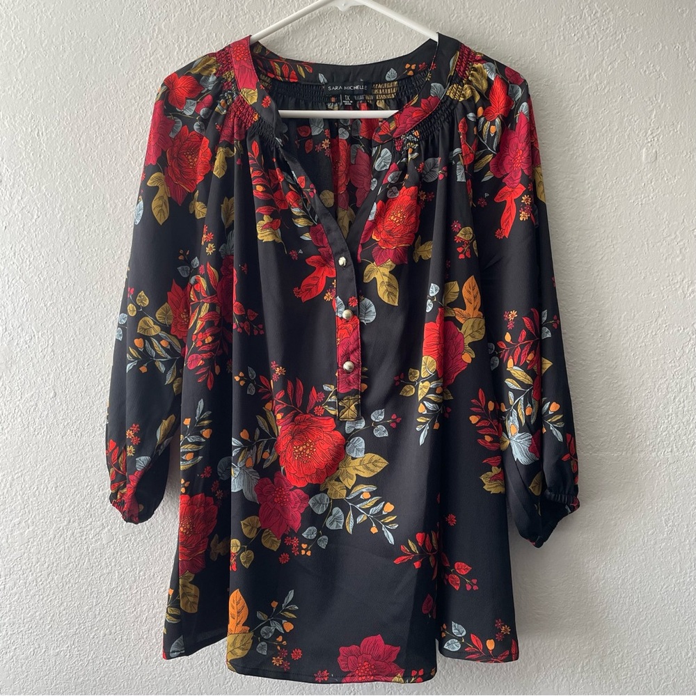 Sara Michelle Floral Long Sleeve Blouse Women’s Size 1X V Neck Shirt